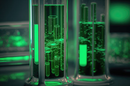 Glass test tubes with thick green liquidの素材