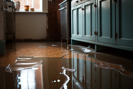 Flooded kitchen floor, water leaking. Closeup view of a waterlogged kitchen floor. Generative AIの素材