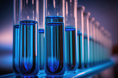 Glass test tubes with thick blue liquid with light blue background. Scientific theme.の素材