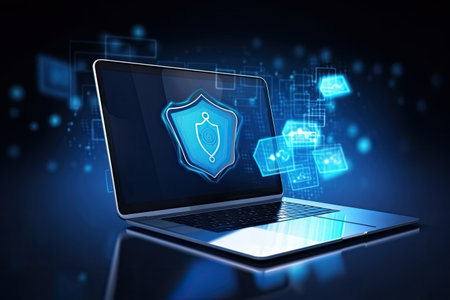 Cyber data protection laptop cybersecurity concept. Shield on laptop screen. Generative AIの素材