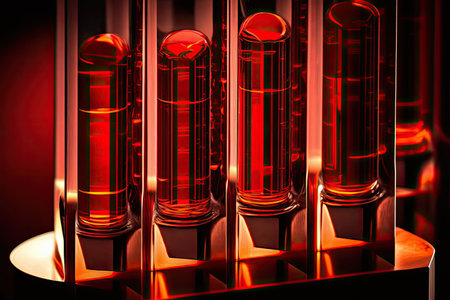 Glass test tubes with thick red liquid with red backgroundの素材