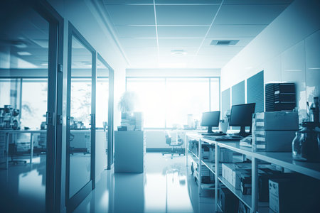 Blurry blueish medical office interior. Clinic interior with blue background. Copyspace. Generative AIの素材