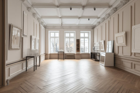 A grand room with a parquet floor with stucco panels, molding, and frames. Large, open studio with furnishings and advertising product mock-ups, generative aiの素材