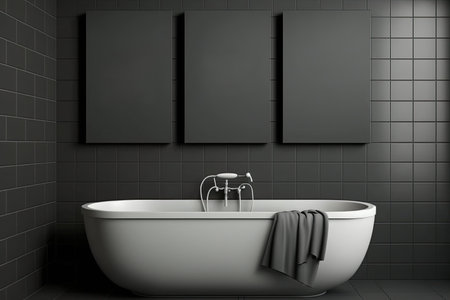 Gray themed bathroom, gray tiles and three posters above. Copyspace. Generative AIの素材
