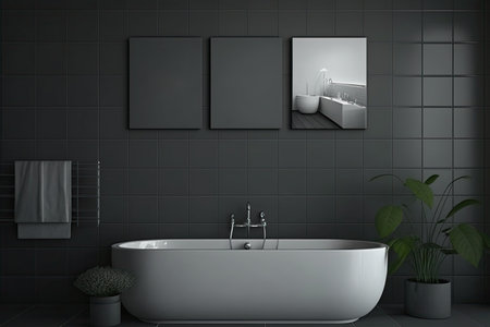 Gray themed bathroom, gray tiles and three posters above. Copyspace. Generative AIの素材