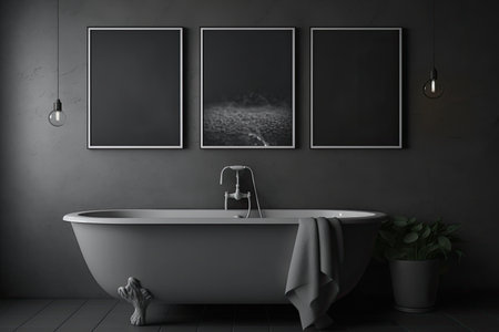 Gray themed bathroom, gray tiles and three posters above. Copyspace. Generative AIの素材