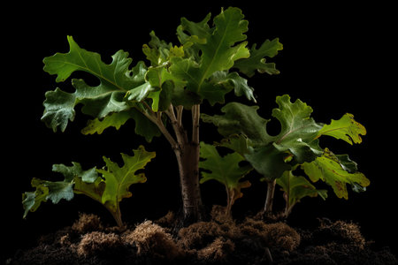 Oak tree planted in the soil substrate. Seedlings or plants illuminated by the side light. Highly lighted oak leaves with dark background. High quality generative aiの素材