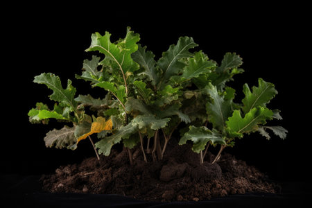 Oak tree planted in the soil substrate. Seedlings or plants illuminated by the side light. Highly lighted oak leaves with dark background. High quality generative aiの素材
