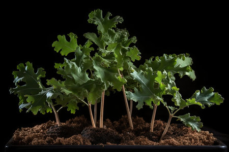 Oak tree planted in the soil substrate. Seedlings or plants illuminated by the side light. Highly lighted oak leaves with dark background. High quality generative aiの素材