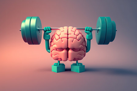 3D illustration of a human brain lifting dumbbell. Mind training concept. Generative AIの素材