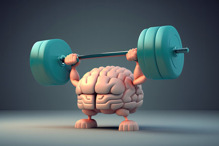 3D illustration of a human brain lifting dumbbell. Mind training concept. Generative AIの素材