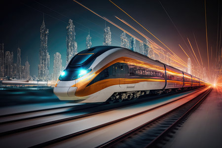 High speed bullet train speeding past the train station. Blurred cityscape in backgroundの素材