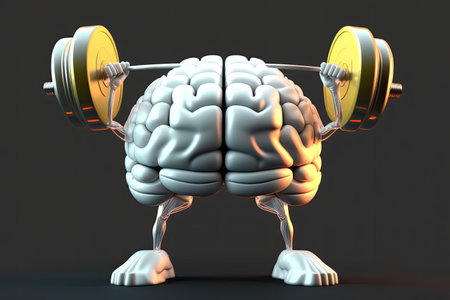 3D illustration of a human brain lifting dumbbell. Mind training concept. Generative AIの素材
