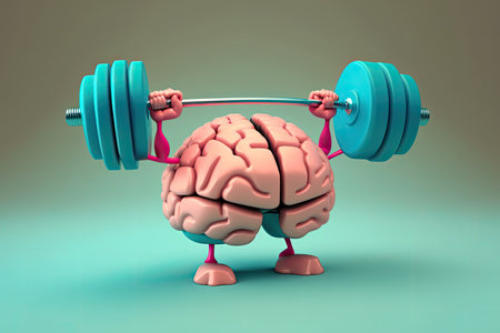 3D illustration of a human brain lifting dumbbell. Mind training concept. Generative AIの素材