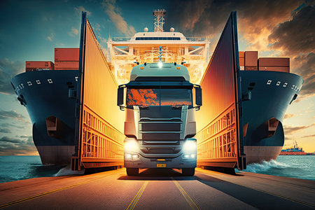 Modern transportation system with trucks, ships and containers. View from the shipping dock. Generative AIの素材