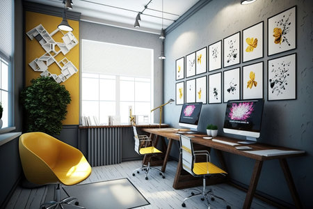 Modern office interior design. Artistic contemporary workspace environment. Generative AIの素材