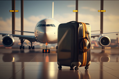 Suitcase baggage at the airport, with airplane in the background. Waiting to catch a flight. Copyspace. Generative AIの素材