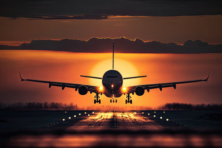 Airplane landing or taking off at sunset. Generative AIの素材