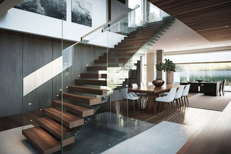 Modern interior design featuring wooden stairs with glass railingの素材