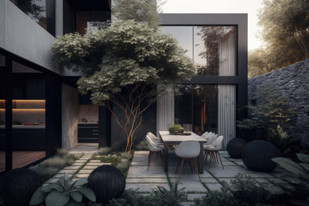 Luxurious modern house exterior with outdoor dining spaceの素材