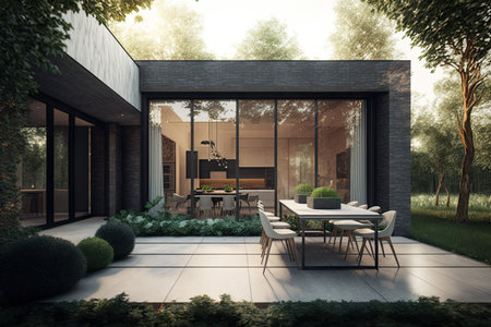 Luxurious modern house exterior with outdoor dining spaceの素材