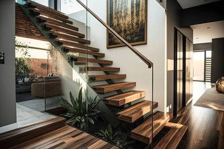 Modern interior design featuring wooden stairs with glass railingの素材