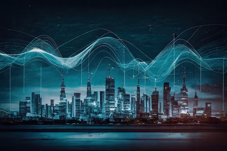Smart city with big data connection technology concept. Wavy lines representing communications. Nighttime. Generative AIの素材