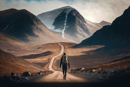 Hiker making their way up the mountain, walking on the road. View from behindの素材