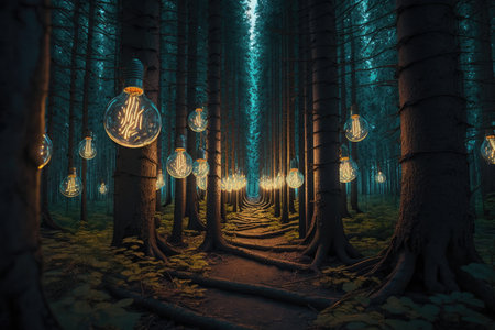 Big forest with lots of light bulbs hanging off the branches. Concept. Generative AIの素材