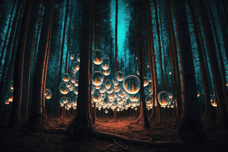 Big forest with lots of light bulbs hanging off the branches. Concept. Generative AIの素材