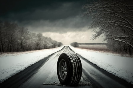 Car wheel in the middle of snowy road. Generative AIの素材
