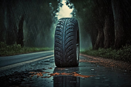 Car wheel in the middle of the road. Rainy day. Generative AIの素材