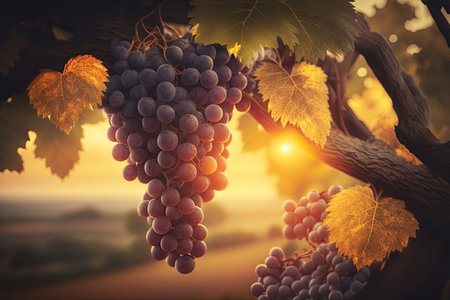 Bunch of grapes hanging in vineyard with sunset in background. Generative AIの素材
