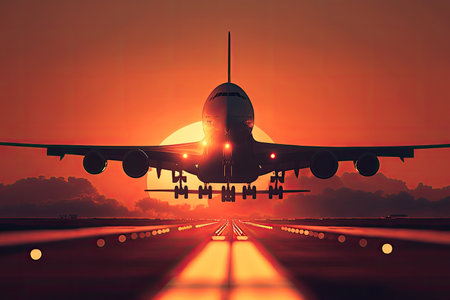 Airplane landing or taking off at sunset. Generative AIの素材