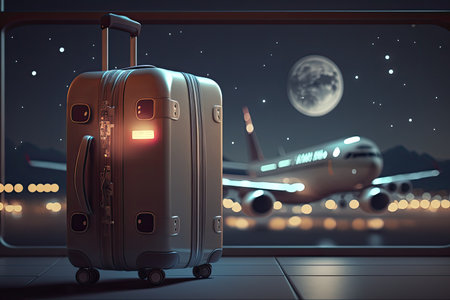 Suitcase baggage at the airport, with airplane in the background. Waiting to catch a flight. Copyspace. Generative AIの素材