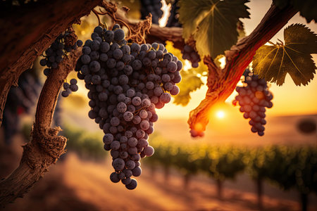 Bunch of grapes hanging in vineyard with sunset in background. Generative AIの素材
