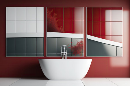 Red themed bathroom, red tiles and three white posters above. Copyspace. Generative AIの素材