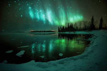 Magical lake with surrounding landscape, aurora borealis in the sky. Colorful northern lights. Generative AIの素材
