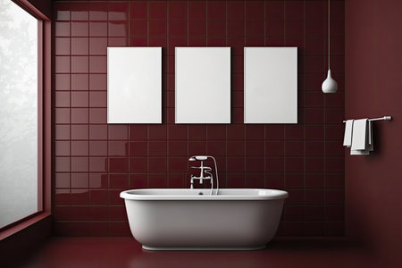 Red themed bathroom, red tiles and three white posters above. Copyspace. Generative AIの素材