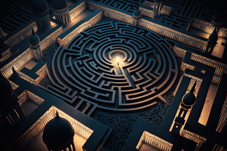 Perspective view of labyrinth at night, with cinematic intricate lightning. Generative AIの素材