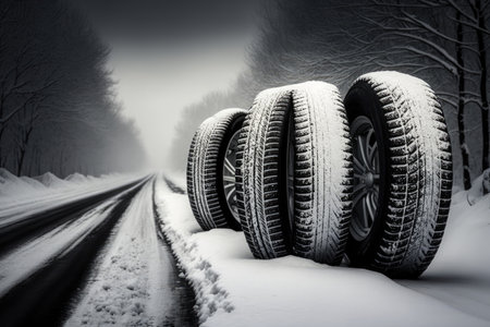Stack of four tires on snowy winter road. Generative AIの素材
