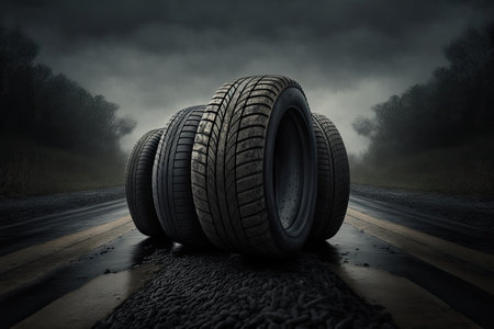 Stack of car tires on rainy asphalt road. Car tires in a row. Generative AIの素材