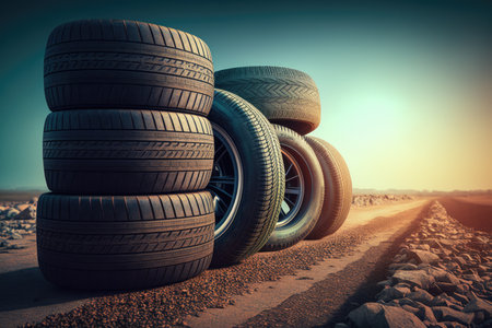 Stack of four tires in a stack on a asphalt road. Sunny day. Generative AIの素材