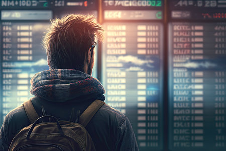 A man at the airport looking at the flight schedules timetable board. View from behind. Generative AIの素材