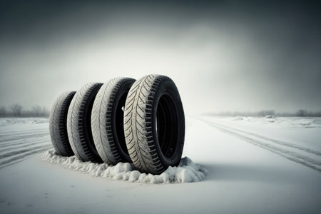 Stack of four tires on snowy winter road. Generative AIの素材