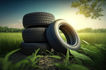 Stack of car tires on green lawn. Car tires in nature. Generative AIの素材