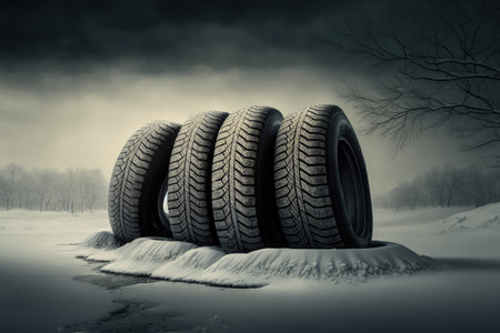 Stack of four tires on snow on a dark background. Generative AIの素材