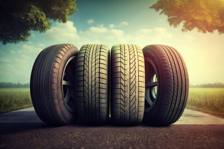 Stack of four tires in a stack on a asphalt road. Sunny day. Generative AIの素材