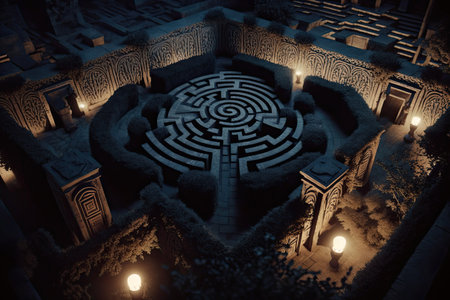 Perspective view of labyrinth at night, with cinematic intricate lightning. Generative AIの素材