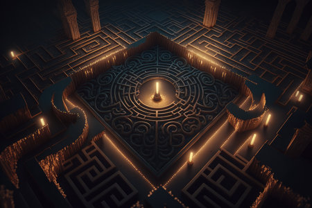 Perspective view of labyrinth at night, with cinematic intricate lightning. Generative AIの素材